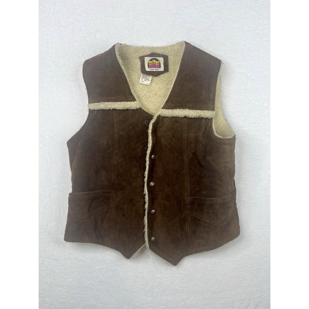 Miller Outer Wear Mens Sz Med VTG Vest Brown Cowhide Leather Lined Snap‎ Front